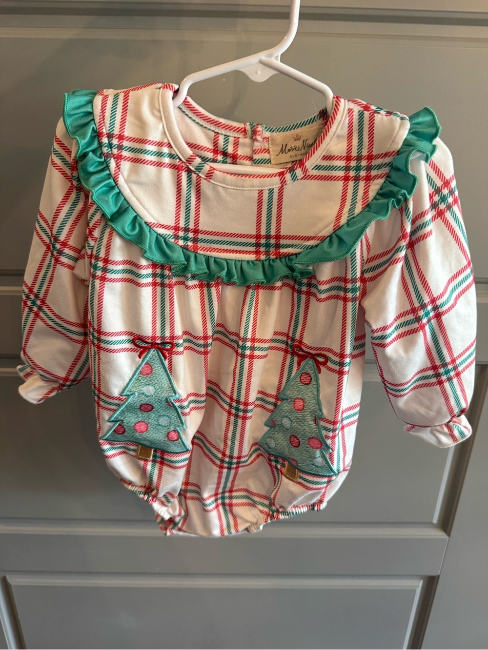 Holiday Plaid Baby Romper bubble with Teal Ruffle & Tree Appliques